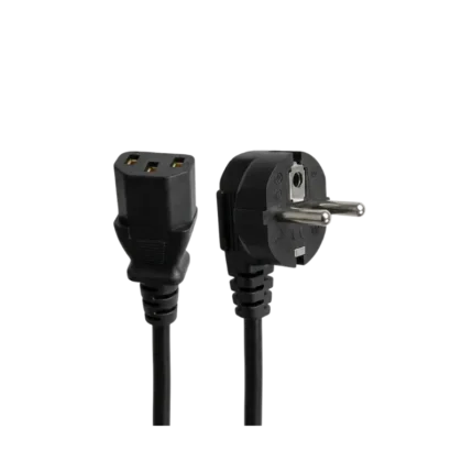 A heavy-duty black 1.5-meter AC power cord coiled neatly, showing a standard 3-pin grounded mains wall plug on one end and a hexagonal black 3-slot IEC C13 female connector head on the other.