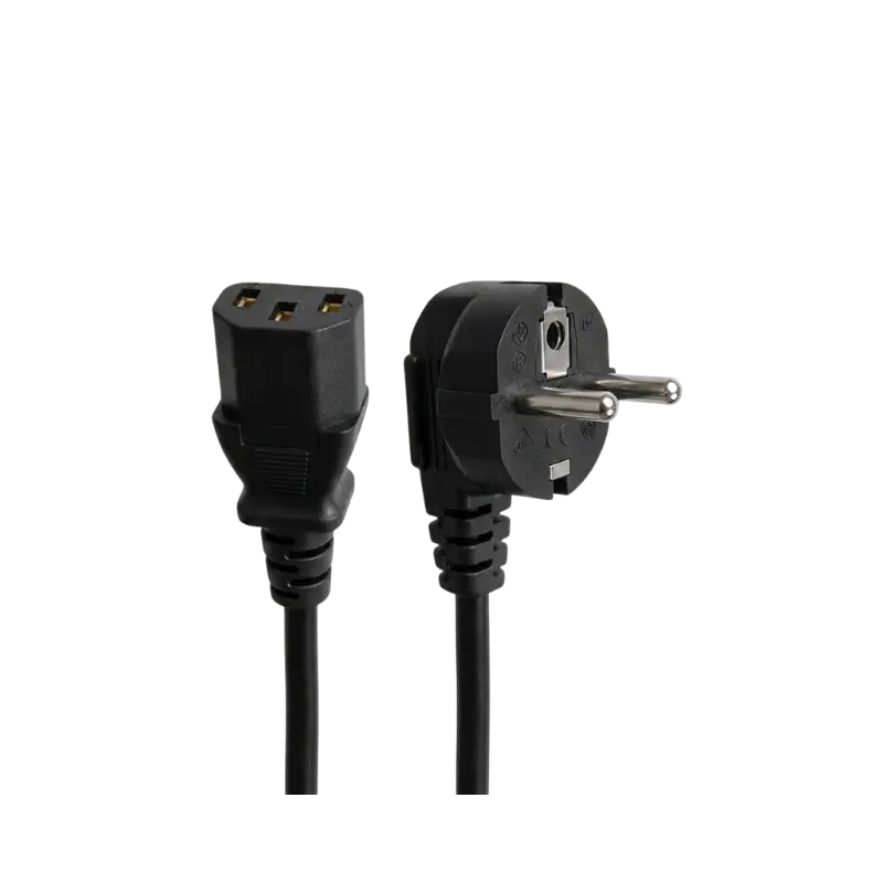 Universal AC Power Cord Cable Plug (1.5meter) with power supply A heavy-duty black 1.5-meter AC power cord coiled neatly, showing a standard 3-pin grounded mains wall plug on one end and a hexagonal black 3-slot IEC C13 female connector head on the other.