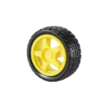 A 65mm smart robot car wheel featuring a bright yellow plastic center rim and a high-traction patterned black rubber tire.