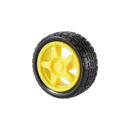 A 65mm smart robot car wheel featuring a bright yellow plastic center rim and a high-traction patterned black rubber tire.