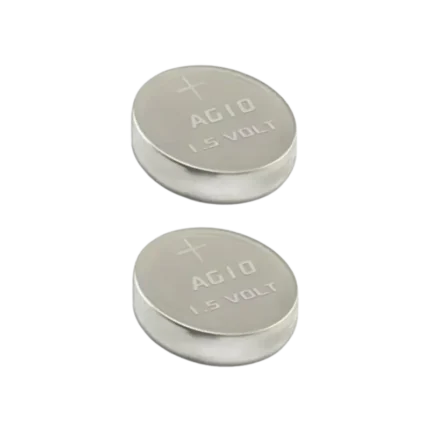 AG10 LR54 389 1.5V alkaline button cell battery showcasing the clean positive terminal side with text engraving on a clear studio background.