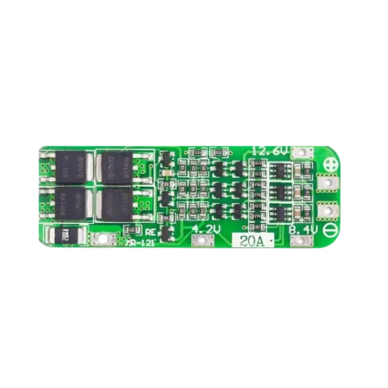 3S 20A 12.6V lithium battery protection module showing its compact rectangular green PCB alongside clearly labeled B+, B1, B2, B-, P+, and P- solder terminals.