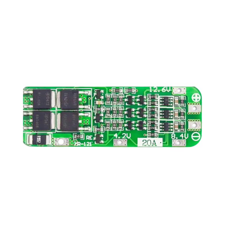 bms3s 3S 20A 12.6V lithium battery protection module showing its compact rectangular green PCB alongside clearly labeled B+, B1, B2, B-, P+, and P- solder terminals.