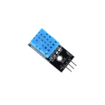 Small blue rectangular DHT11 environmental sensor module featuring a plastic grid-vented housing on top of a black circuit board, outfitted with a power indicator LED, internal filtering passives, and a 3-pin male breakout connector header.