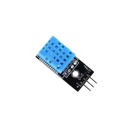 Small blue rectangular DHT11 environmental sensor module featuring a plastic grid-vented housing on top of a black circuit board, outfitted with a power indicator LED, internal filtering passives, and a 3-pin male breakout connector header.
