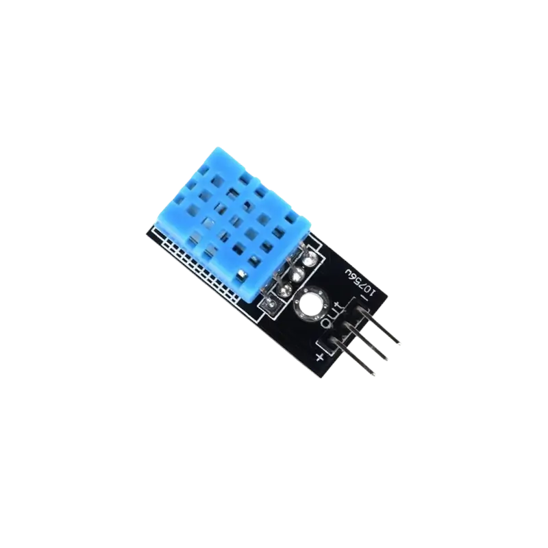dht11 Small blue rectangular DHT11 environmental sensor module featuring a plastic grid-vented housing on top of a black circuit board, outfitted with a power indicator LED, internal filtering passives, and a 3-pin male breakout connector header.