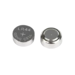 LR44 AG13 357 1.5V alkaline button cell battery showcasing its flat positive terminal side with engraved text markings on a crisp background.