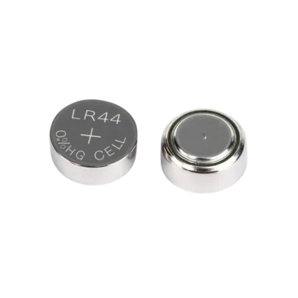 LR44 AG13 357 1.5V alkaline button cell battery showcasing its flat positive terminal side with engraved text markings on a crisp background.