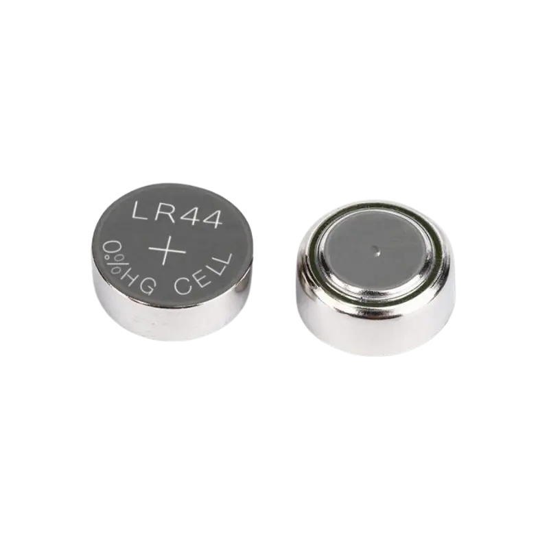 lr44 LR44 AG13 357 1.5V alkaline button cell battery showcasing its flat positive terminal side with engraved text markings on a crisp background.