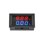M430 dual digital voltmeter and ammeter panel module displaying bright blue voltage and green current readings on its dual LED display screen.