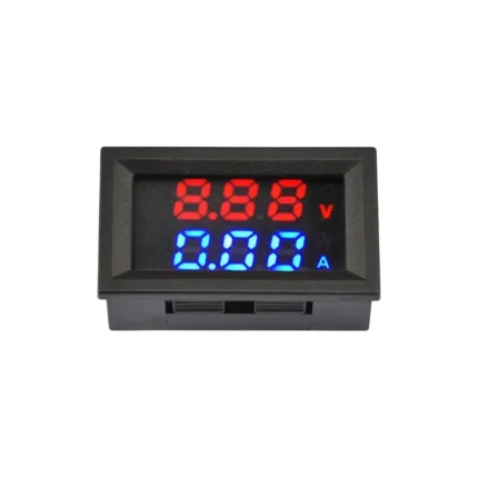 M430 dual digital voltmeter and ammeter panel module displaying bright blue voltage and green current readings on its dual LED display screen.