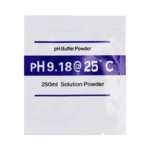 Sealed chemical buffer sachets for calibrating digital water quality meters, featuring a blue packet labeled with pH 9.18.