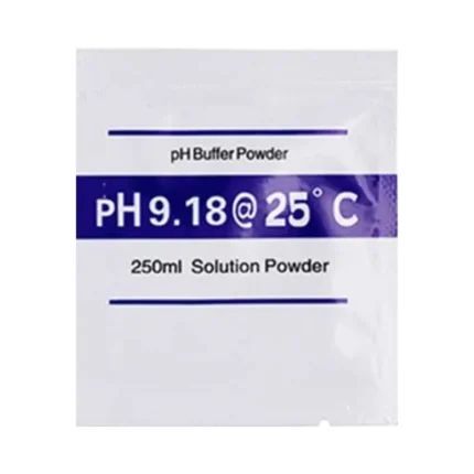 Sealed chemical buffer sachets for calibrating digital water quality meters, featuring a blue packet labeled with pH 9.18.