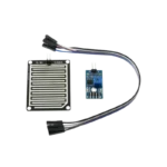 Rain detection sensor kit containing a rectangular grid-patterned sensing plate with nickel-plated traces, a small blue LM393 comparator driver control module with a potentiometer, power/state LEDs, and an accompanying 2-pin connector cable.