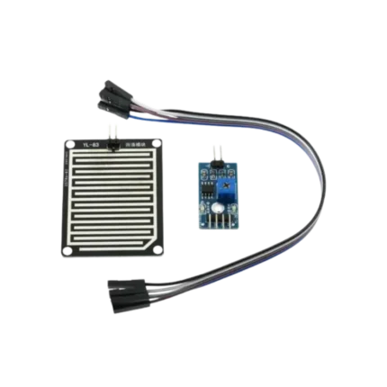 Rain detection sensor kit containing a rectangular grid-patterned sensing plate with nickel-plated traces, a small blue LM393 comparator driver control module with a potentiometer, power/state LEDs, and an accompanying 2-pin connector cable.