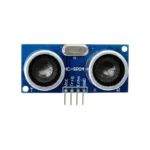 Classic blue HC-SR04 ultrasonic sensor module featuring two prominent silver metallic mesh-faced cylindrical transducers resembling eyes, mounted alongside central surface-mount ICs and a 4-pin male connector header at the bottom edge.