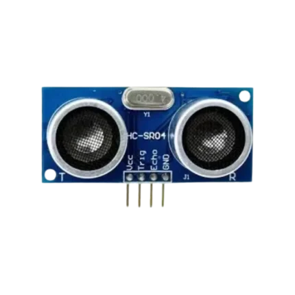 Classic blue HC-SR04 ultrasonic sensor module featuring two prominent silver metallic mesh-faced cylindrical transducers resembling eyes, mounted alongside central surface-mount ICs and a 4-pin male connector header at the bottom edge.