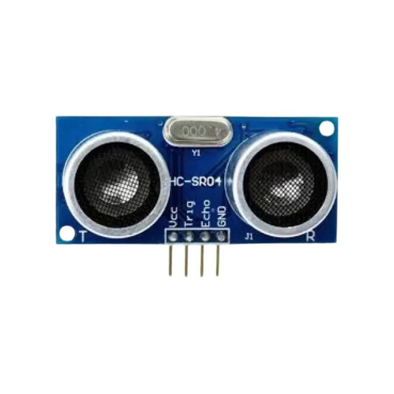 sr04 Classic blue HC-SR04 ultrasonic sensor module featuring two prominent silver metallic mesh-faced cylindrical transducers resembling eyes, mounted alongside central surface-mount ICs and a 4-pin male connector header at the bottom edge.