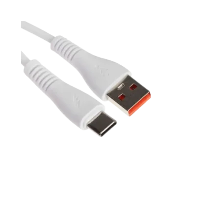 A close-up view of the AM01T cable showing a sleek rectangular USB-A male terminal on one side and a slim, oval, reversible USB Type-C connector on the opposite end of a flexible black cord.