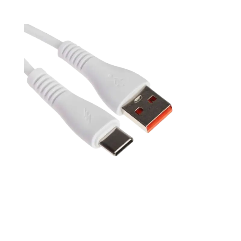 type c A close-up view of the AM01T cable showing a sleek rectangular USB-A male terminal on one side and a slim, oval, reversible USB Type-C connector on the opposite end of a flexible black cord.