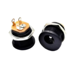 A 2.1x5.5mm DC power jack panel mount female connector (V2) featuring metal barrel housing, solder lugs, and a mounting nut.