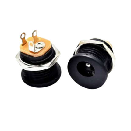 A 2.1x5.5mm DC power jack panel mount female connector (V2) featuring metal barrel housing, solder lugs, and a mounting nut.