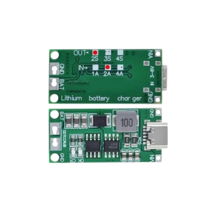 A green PCB 2S 8.4V 2A USB Type-C lithium battery boost charger module with output solder pads and LED indicators.