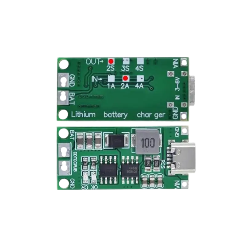 2S 8.4V 2A 18650 Lithium Battery Charger Module USB Type C A green PCB 2S 8.4V 2A USB Type-C lithium battery boost charger module with output solder pads and LED indicators.