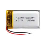 A 3.7V 600mAh lithium polymer (LiPo) soft-pouch rechargeable battery with protective circuit board and output wires.