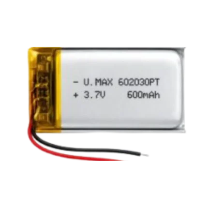 A 3.7V 600mAh lithium polymer (LiPo) soft-pouch rechargeable battery with protective circuit board and output wires.