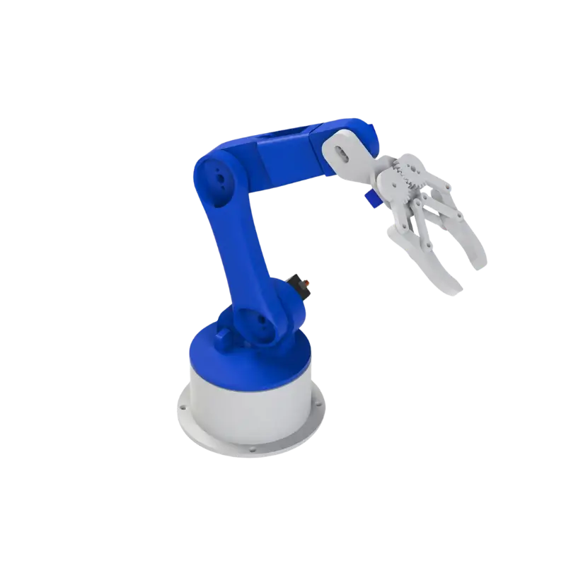6DOF Robot arm An unassembled 6DOF robotic arm mechanical frame kit consisting of multiple colorful, precision-layered 3D-printed polymer plastic structural plates, gears, and a mechanical claw gripper, displayed without any metal aluminum parts or electronic servo motors.