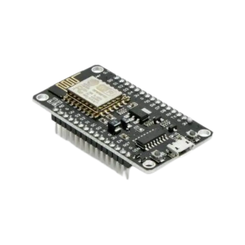 A NodeMCU ESP8266 Wi-Fi development board featuring the CH340 USB chip, micro-USB port, and soldered header pins.