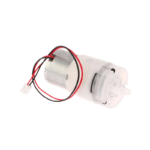 A compact DC 12V mini submersible water pump featuring a plastic housing, inlet/outlet barbs, and red/black power wires.