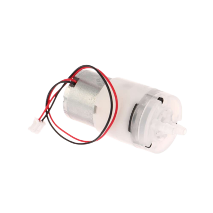 A compact DC 12V mini submersible water pump featuring a plastic housing, inlet/outlet barbs, and red/black power wires.