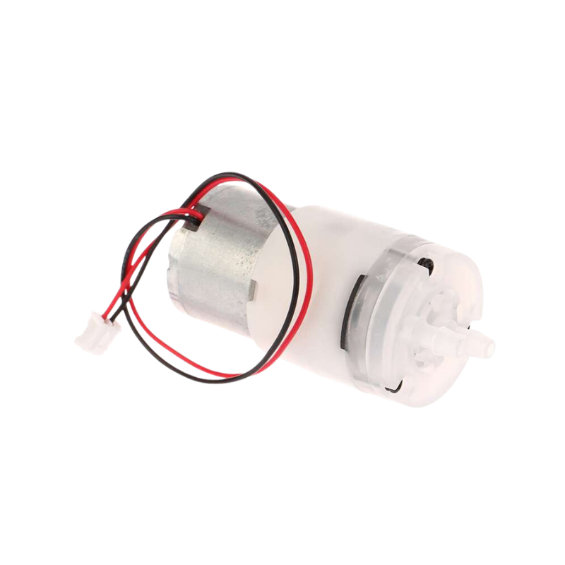 A compact DC 12V mini submersible water pump featuring a plastic housing, inlet/outlet barbs, and red/black power wires.