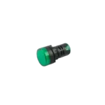 A 22mm round green LED indicator lamp with a threaded plastic body and screw terminals on the rear.