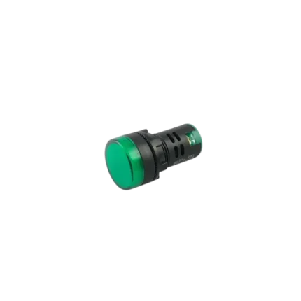 A 22mm round green LED indicator lamp with a threaded plastic body and screw terminals on the rear.