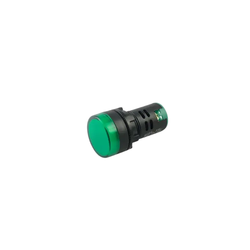 AD16-22DS G A 22mm round green LED indicator lamp with a threaded plastic body and screw terminals on the rear.