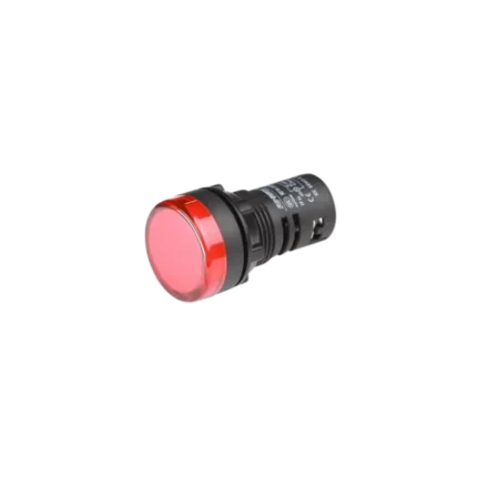 A 22mm round red LED indicator lamp with a threaded plastic body and screw terminals on the rear.