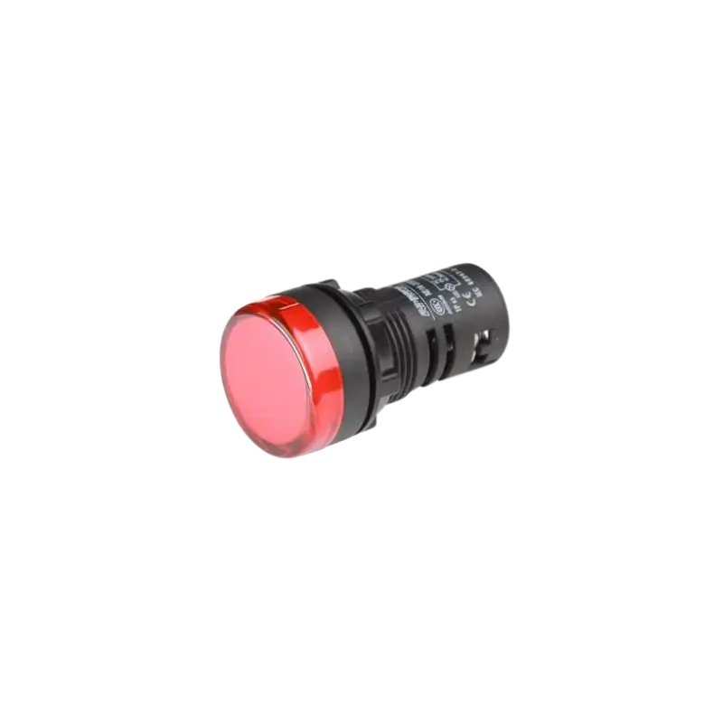 AD16-22DS R A 22mm round red LED indicator lamp with a threaded plastic body and screw terminals on the rear.