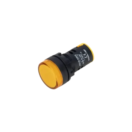 A 22mm round yellow LED indicator lamp with a threaded plastic body and screw terminals on the rear.