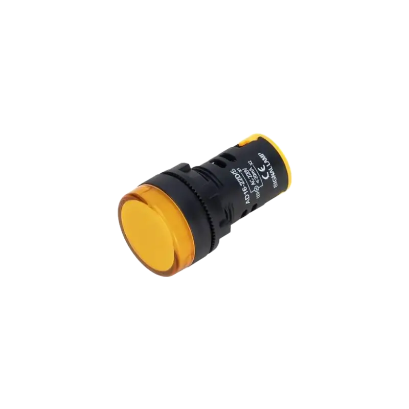 AD16-22DS Y A 22mm round yellow LED indicator lamp with a threaded plastic body and screw terminals on the rear.