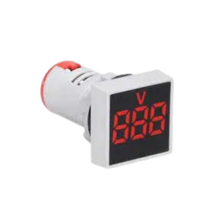An AD22-22FSV square digital AC voltage display meter featuring a red LED numeric readout and a 22mm mounting body.