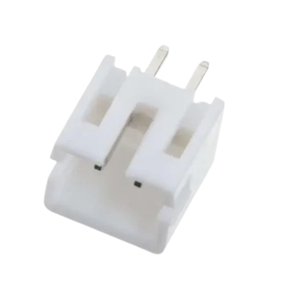 A JST PH 2.0mm 2-pin male connector header featuring white plastic housing and through-hole metal pins.