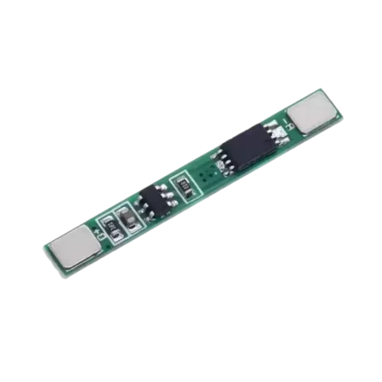 A compact 1S 3A 3.7V 2-MOS lithium battery protection circuit board with pre-attached nickel connection strips.