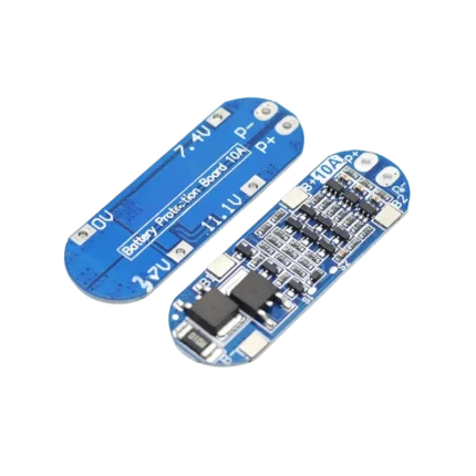 A BMS 3S 12.6V 10A lithium-ion battery protection board showing solder connection pads (B-, B1, B2, B+, P+, P-).