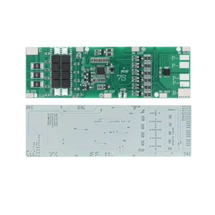 Rectangular green or black 7S lithium-ion battery management system PCB showing aluminum heat dissipation traces, precision surface-mount balancing resistors, heavy-duty B- and P- copper solder terminals, and an empty 8-pin balancing header socket footprint.