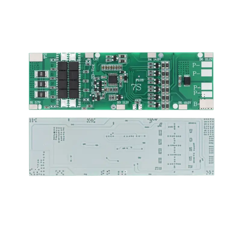BMS 7S (20A ) Lithium Battery Protection Module Rectangular green or black 7S lithium-ion battery management system PCB showing aluminum heat dissipation traces, precision surface-mount balancing resistors, heavy-duty B- and P- copper solder terminals, and an empty 8-pin balancing header socket footprint.