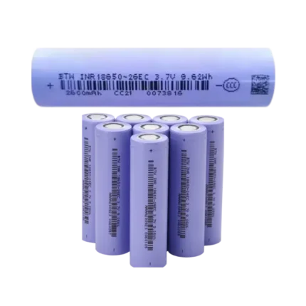 BTW DMEGC INR18650 26E 2600mAh 3.7V cylindrical lithium-ion battery cell with pink outer heat shrink sleeve and flat top terminals.