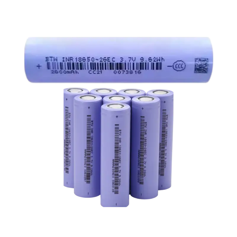 BTW INR 18650-26E BTW DMEGC INR18650 26E 2600mAh 3.7V cylindrical lithium-ion battery cell with pink outer heat shrink sleeve and flat top terminals.